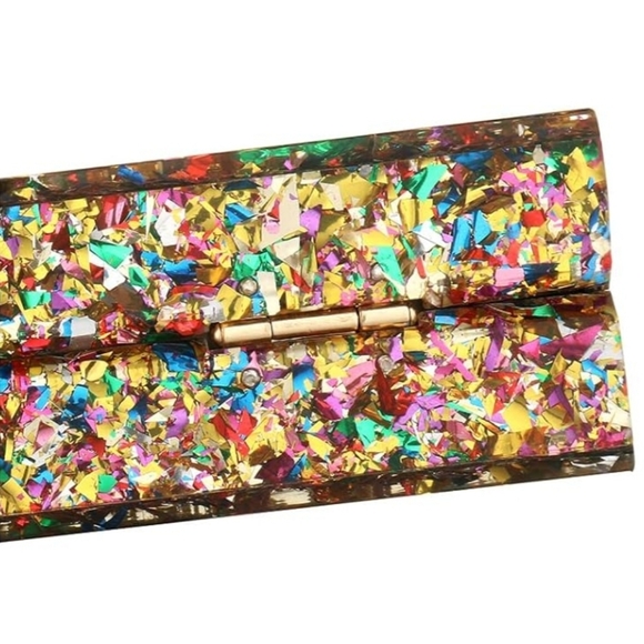 Abstract Glitter Hard Acrylic Clutch Bag Confetti Box Purse Gold Multi Crossbody